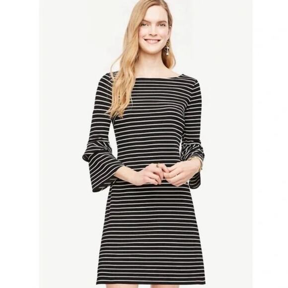 Ann Taylor Black & White Striped Bell Sleeve Mini Dress - Size 2 - Stretch Knit - Picture 1 of 9